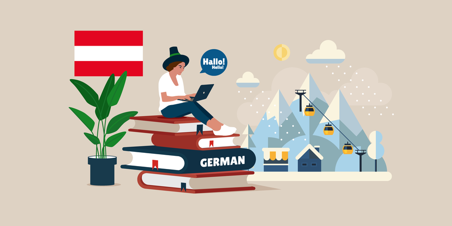 Graphic with red-white-red flag, potted plant, pile of books on which a woman with traditional hat and laptop is sitting and snow-covered mountains with cable car.