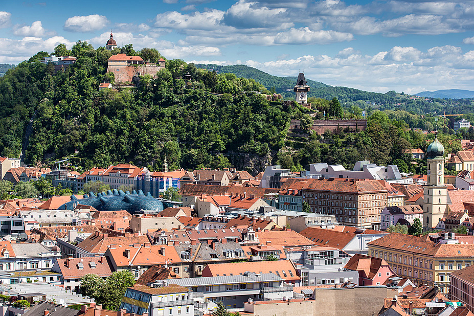 Tree-clad hill with clock tower and other historic buildings, in the foreground a historic old town with red tiled roofs