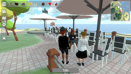 Screenshot of a computer game in which two avatars are standing in front of some tables.