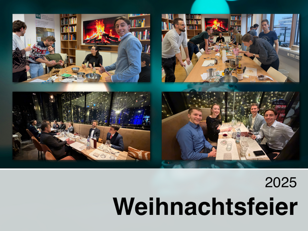 Employees celebrate the 2025 Christmas party with a group cooking activity and a festive dinner in a restaurant with string lights.