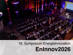 Large hall with tightly packed long banquet tables at the 19th Energy Innovation Symposium EnInnov2026, surrounded by colorful stage lighting, projection screen, and technical decor elements.