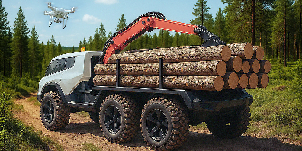 A lorry loaded with tree trunks stands on a forest road, with a drone flying just above it.