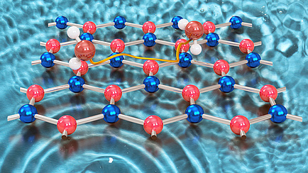 A molecular lattice designed to represent a moving water molecule.