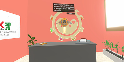 Screenshot aus einem computergenerierten Raum mit einem Auswahlrad in der Mitte.