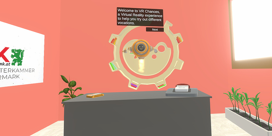 Screenshot aus einem computergenerierten Raum mit einem Auswahlrad in der Mitte.