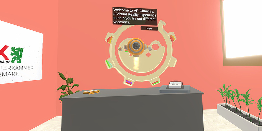 Screenshot aus einem computergenerierten Raum mit einem Auswahlrad in der Mitte.