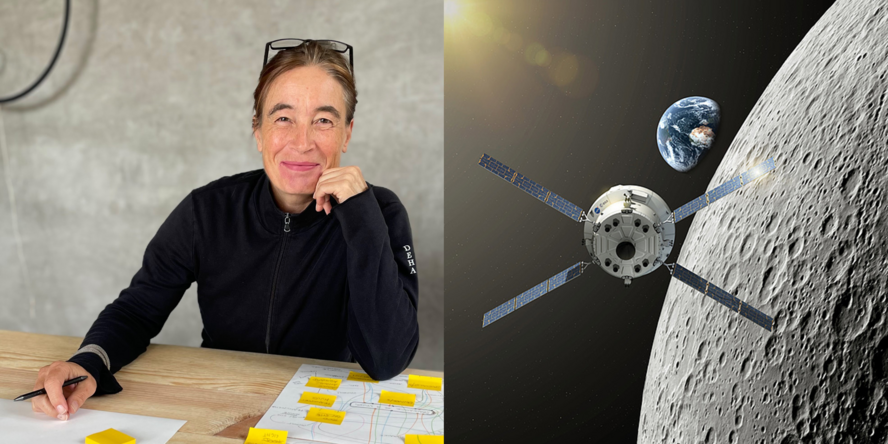 2 Bilder mit Barbara Imhof links und rechts Orion Raumschiff mit Mond und Erde im Hintergrund.
