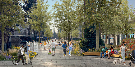 Ein Rendering der Inffeldgasse als Fußgänger*innenzone mit vielen Bäumen und Blumen, einem Brunnen und Sitzgelegenheiten