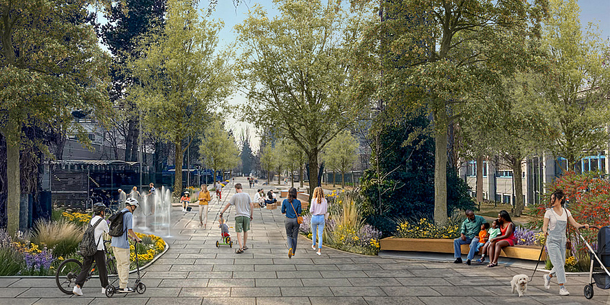 Ein Rendering der Inffeldgasse als Fußgänger*innenzone mit vielen Bäumen und Blumen, einem Brunnen und Sitzgelegenheiten