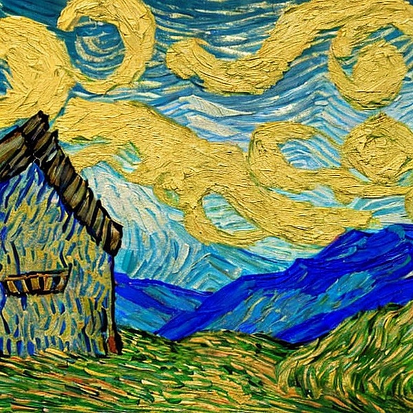 Eine Berghütte in den Alpen im Stil von Vincent van Gogh.