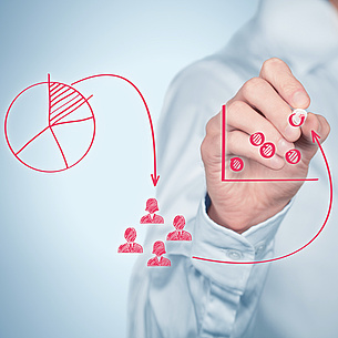 Man drawing on a transparent glass board showing a pie chart, a group of people and another chart with points. Photo source: Jakub Jirsak - Fotolia.com