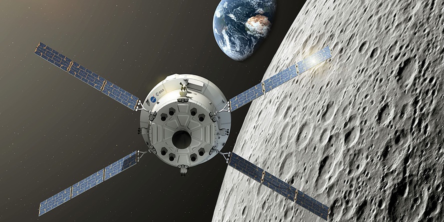 An artist’s impression of the Orion spacecraft with ESA’s service modules. In the background Earth and Moon. 