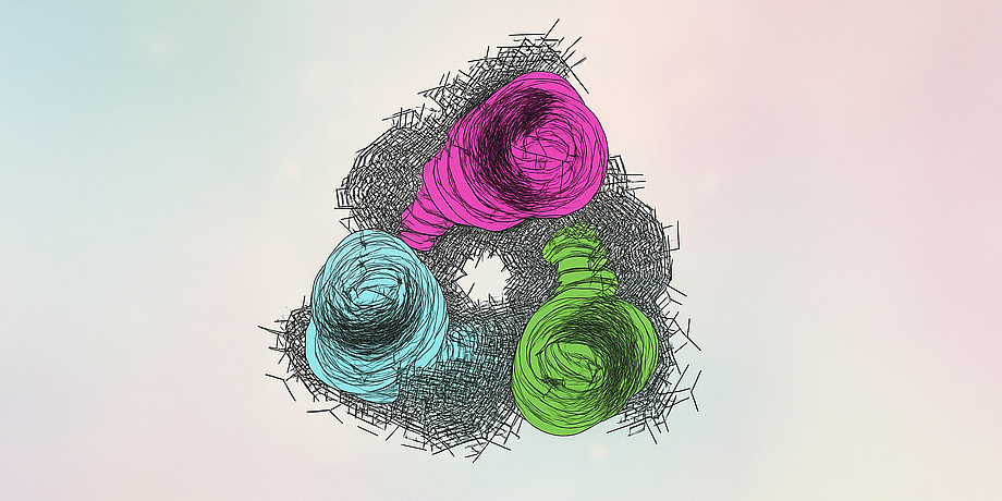 A picture with three tube-like shapes in the colours purple, green and light blue that wrap around each other like a helix.