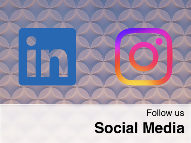 LinkedIn and Instagram logos on a decorative circular pattern background with the text “Follow us Social Media” at the bottom.