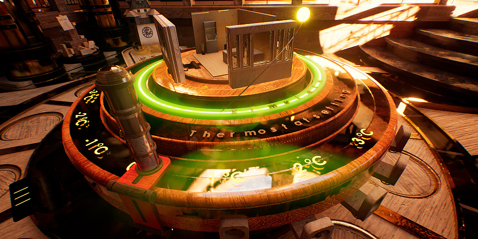 Ein Bild aus einer Computersimulation, auf dem eine Drehscheibe und darauf eine Darstellung eines Raumes zu sehen ist.