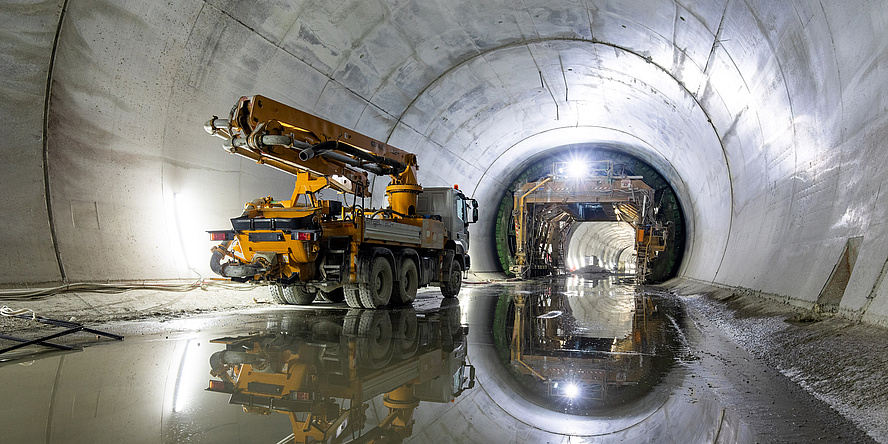 Tunnel construction vehicle inside a tunnel construction site