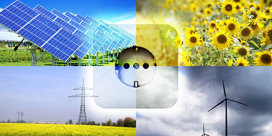 Vierteiliges Bild mit Solarpanelen, Sonnenblumen, Hochspannungsleitungen im Rapsfeld und Windkraftanlagen, in der Mitte eine Steckdose vor durchsichtigem Hintergrund.