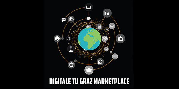 Rund um eine Weltkugel sind verschiedene Symbole angeordnet, darunter zum Beispiel ein Taschenrechner und eine Lupe. Unter der Grafik steht der Schriftzug "Digitale TU Graz Marketplace".