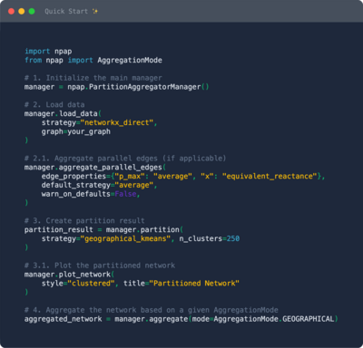 Screenshot eines Python-Codes zur Netzwerkpartitionierung mit `npap`, zeigt Schritte zum Laden von Daten, Aggregieren paralleler Kanten, Partitionieren und Visualisieren eines Netzwerks, inklusive Beispielcode.
