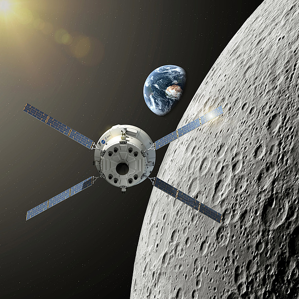 ESA Orion Spacecraft in front of the moon and the earth