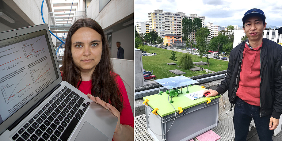 Forscherin mit Laptop und Forscher mit Pollensensor