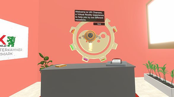 Screenshot aus einem computergenerierten Raum mit einem Auswahlrad in der Mitte.