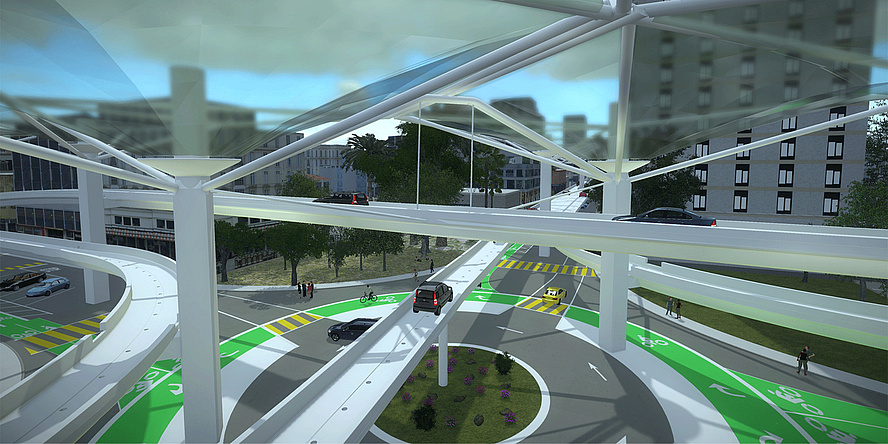 Three roadways are crossing each other on the first floor. Autonomous cars are driving on each roadway.