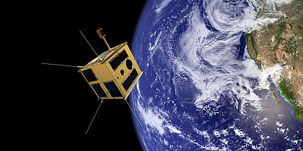 A photomontage of the satelliten TUGSAT-1 in space.