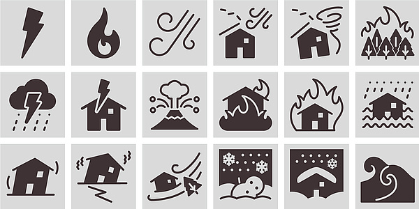 Mehrere Symbole - ein Blitz, Feuer, Wind und ähnliche Katastrophenszenarien.