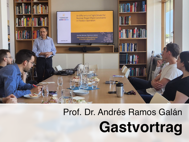 Prof. Dr. Andrés Ramos Galán hält einen Gastvortrag zum Thema flexible Betriebsführung von Kernkraftwerken vor einer kleinen Gruppe von Zuhörer:innen in einem Besprechungsraum mit Bücherregalen und Präsentationsbildschirm.