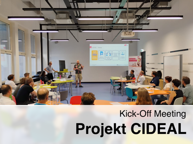 A group of people attending a kick-off meeting for Project CIDEAL in a modern seminar room. A speaker stands in front of a presentation on a screen, while others are seated at tables, listening or taking notes.