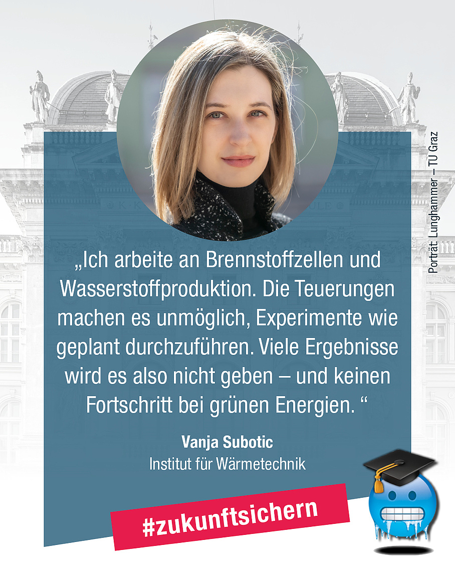 Vanja Subotic, Institut für Wärmetechnik. Zitat: "Ich arbeite an Brennstoffzellen und Wasserstoffproduktion. Die Teuerungen machen es unmöglich, Experimente wie geplant durchzuführen. Viele Ergebnisse wird es also nicht geben - und keinen Fortschritt bei grünen Energien."