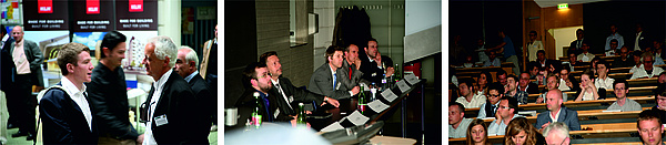links: zwei Personen im Gespräch; Mitte: fünf Vortragende bei der Diskussionsrunde; rechts: Teilnehmer einer Veranstaltung in einem Hörsaal der TU Graz