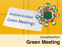 Yellow poster with the Umweltzeichen logo, the text “Austrian Ecolabel Green Meetings,” and the title “Umweltzeichen Green Meeting.”