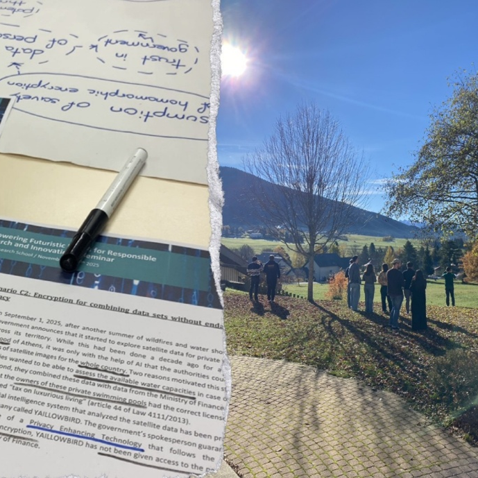 Collage aus drei Bildern: Ausgedruckte und mit Notizen versehene Zettel auf einem Tisch, einige Personen die in einer Wiese bei Sonnenschein draußen stehen, und ein Bild mit zwei Tabletts voll mit französischem Kleingebäck.
