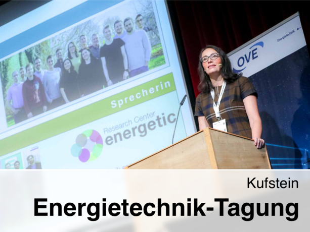 Sonja Wogrin stands at a podium at the “OVE Energy Technology Conference” in Kufstein, next to a screen showing a group photo and the text “Speaker – Research Center energetic.”