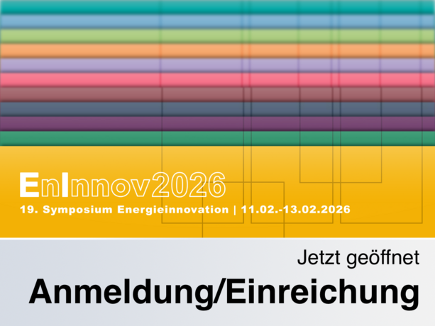 Bunt gestreiftes Banner mit gelbem Bereich und Text „EnInnov2026 – 19. Symposium Energieinnovation | 11.02.–13.02.2026, Jetzt geöffnet Anmeldung/Einreichung“.
