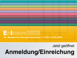 Bunt gestreiftes Banner mit gelbem Bereich und Text „EnInnov2026 – 19. Symposium Energieinnovation | 11.02.–13.02.2026, Jetzt geöffnet Anmeldung/Einreichung“.