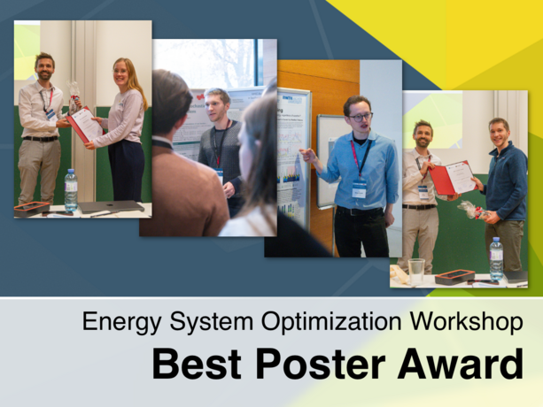 Collage from the “Energy System Optimization Workshop – Best Poster Award” showing award presentations, smiling participants, posters in the background, and certificate handovers.