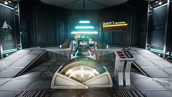 Picture from a computer game showing technical devices. A text reads: ‘Quest 1: Batteries’