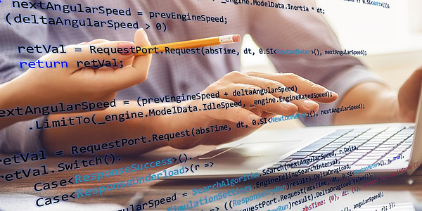 In the background you can see a person with a notebook. In the foreground you can see programming lines. Source: Konstantin Yuganov – Fotolia.com
