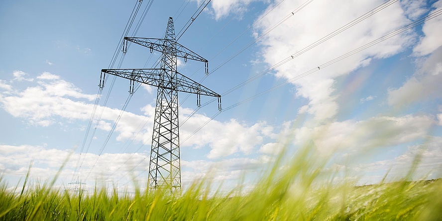 Electricity pylon on green meadow