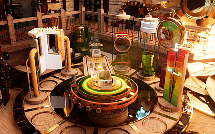 Screenshot of a virtual room with numerous displays and a building in the centre.