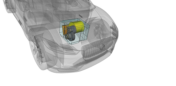 A schematic representation of the drive train is shown in the engine compartment of a car.