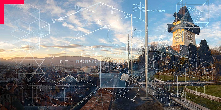 Stadtansicht von Graz, über die mathe-matische Modelle gelegt sind.