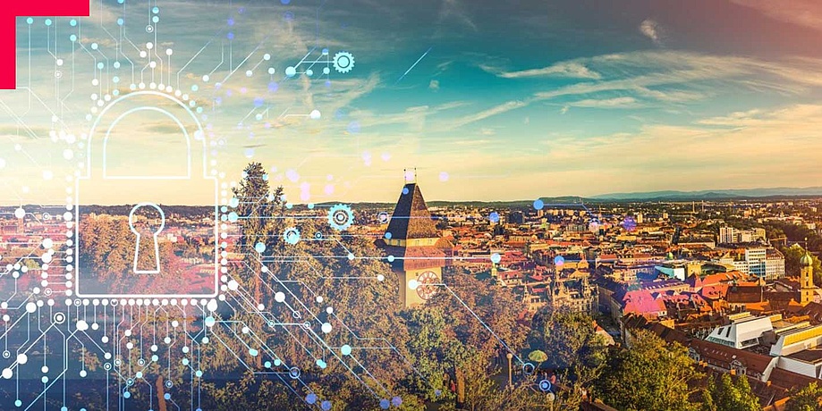 Blick auf Grazer Uhrturm mit überlagertem Digitalisierungsbild