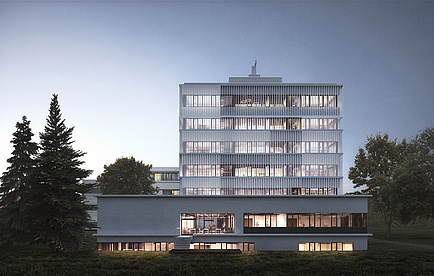 Rendering of a seven-storey white building at dusk