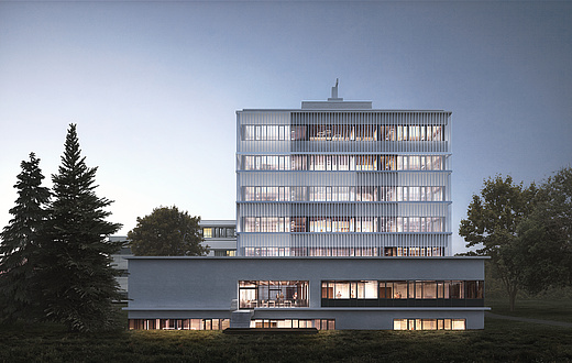 Rendering of a seven-storey white building at dusk