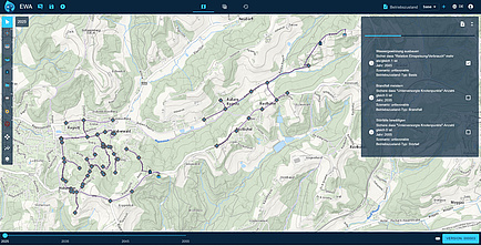 A map showing various elements of a water supply system.