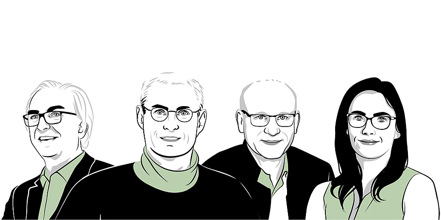 Gezeichnete Portraits der vier Leitungsteam-Mitglieder.
